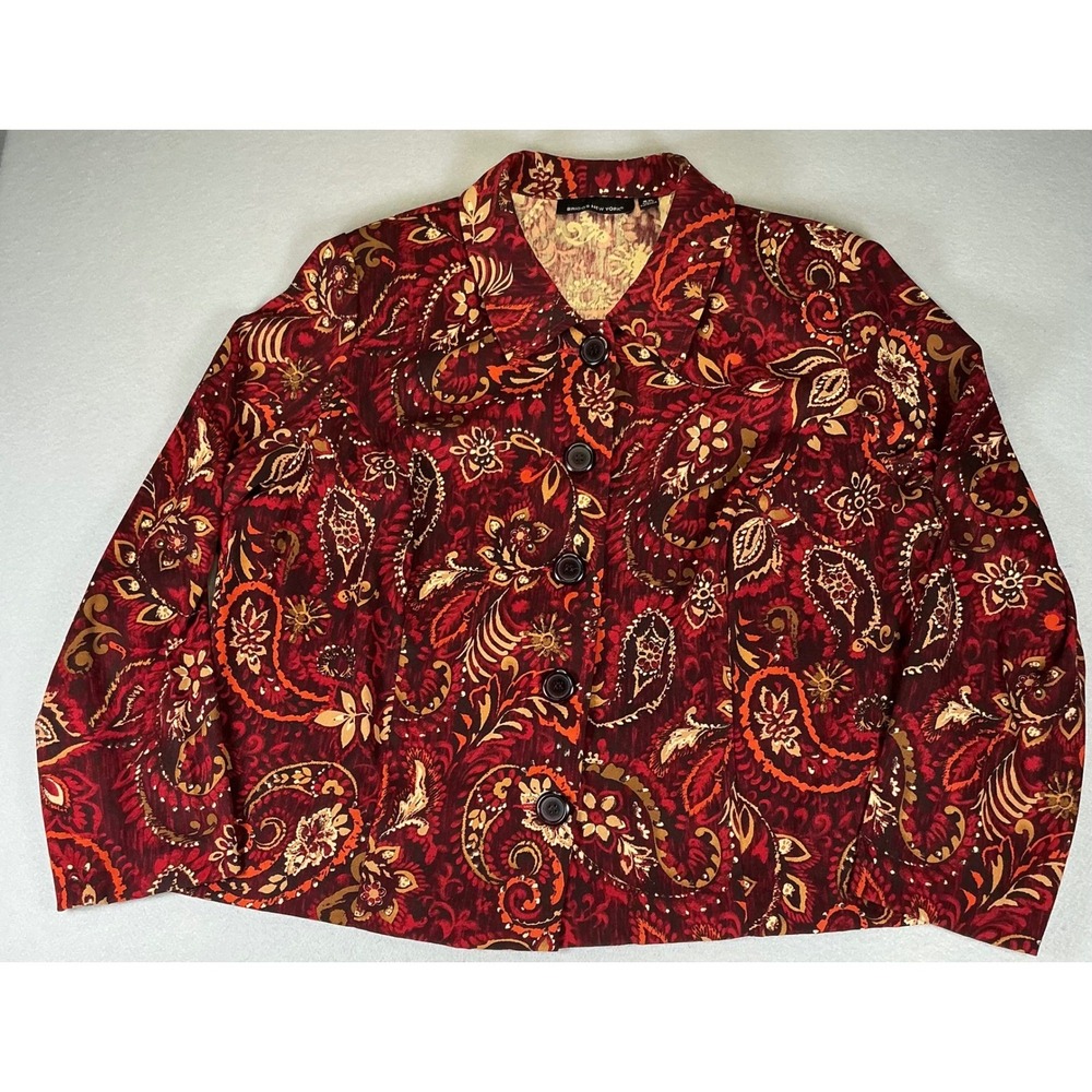 Briggs New York Womens Plus 2X Paisley Jacket Burgundy Button‎ Front Blazer